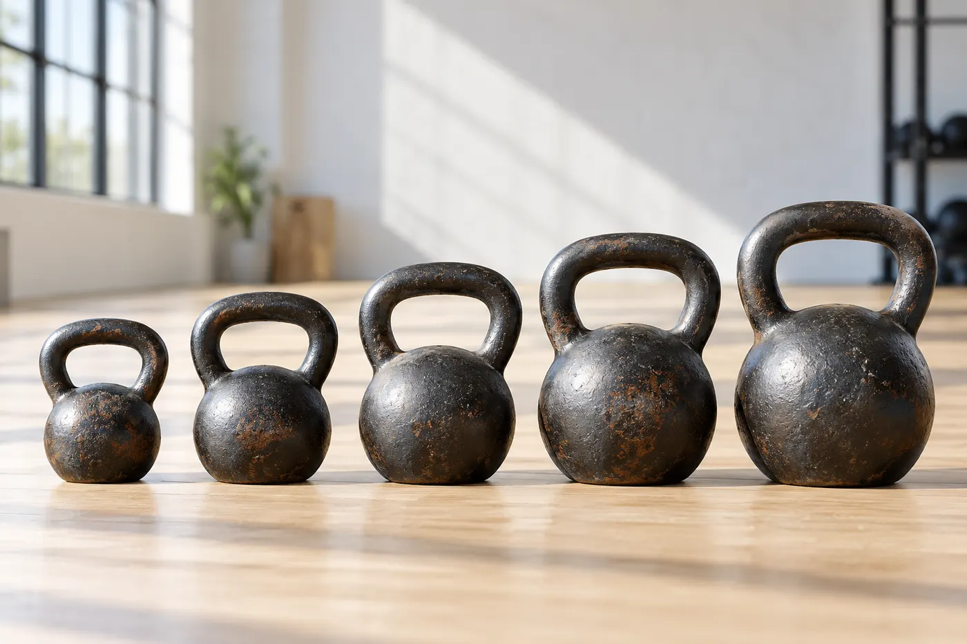 Öt, méret szerint sorba állított öntöttvas kettlebell világos fapadlón